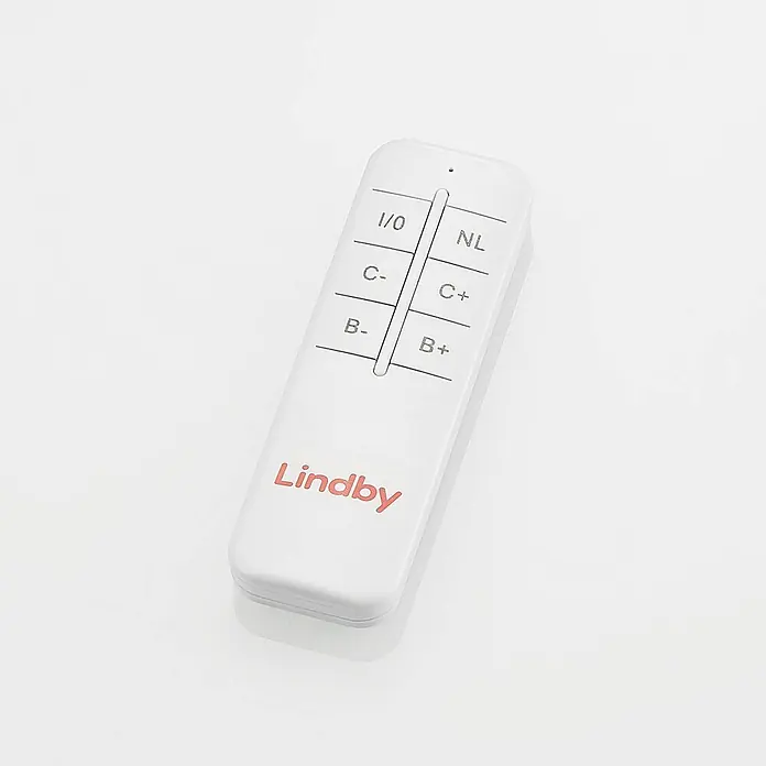 Lindby LED Deckenlampe in weiß matt, dimmbar Deckenleuchte -  - Weiße Lindby Fernbedienung mit Ein/Aus-, Lichtmodus- und Intensitätstasten.