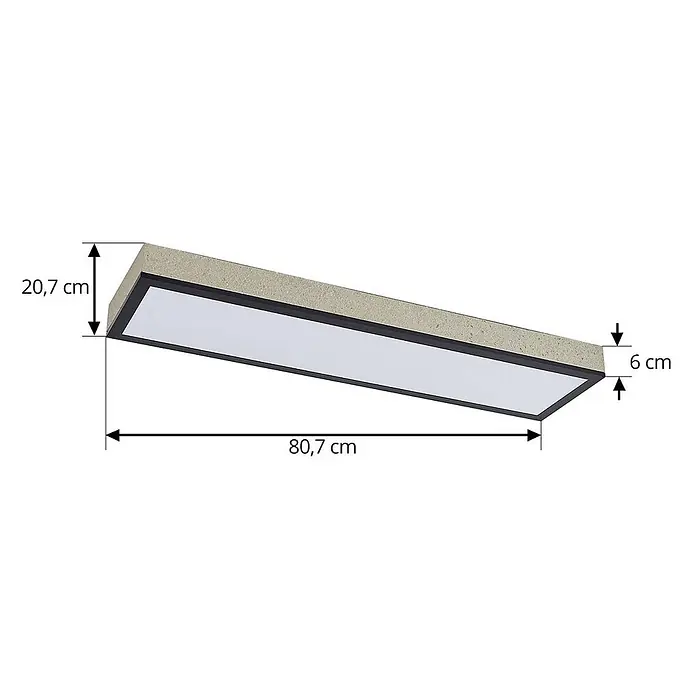 Lindby Deckenleuchte Laviona - schwarz - Schräge rechteckige LED-Leuchte mit hellbrauner Steinoptik-Oberseite, schwarzem Rahmen und weißem Diffusor. Länge 80,7 cm.