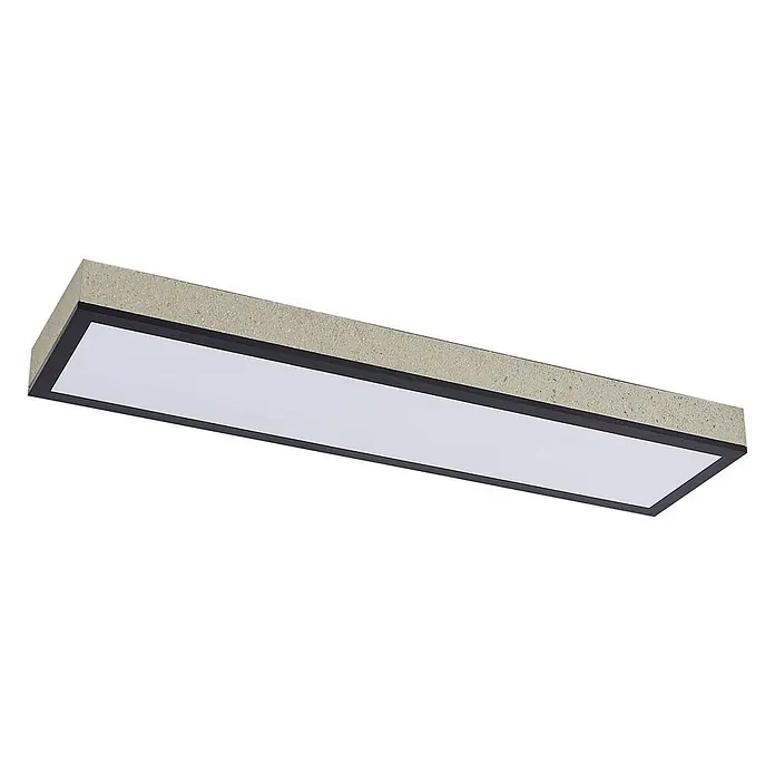 Lindby Deckenleuchte Laviona - schwarz - Rechteckige Deckenleuchte mit beigem, strukturiertem Gehäuse und schwarzem Rahmen um ein weißes Lichtpanel.