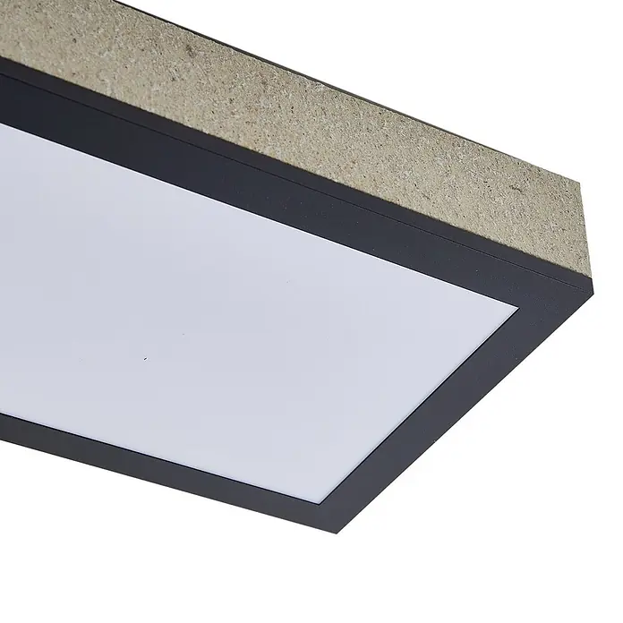Lindby Deckenleuchte Laviona - schwarz - Rechteckige LED-Deckenleuchte mit weißem Diffusor, schwarzem Rahmen und beiger, strukturierter Betonoptik-Oberseite.