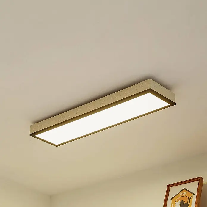 Lindby Deckenleuchte Laviona - schwarz - Rechteckige Deckenleuchte mit hellbeigem, texturiertem Rahmen und hellem weißen Diffusor, bündig an der Decke montiert.