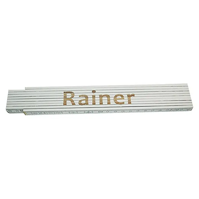 Zollstock - Aufdruck: Rainer, 2 m - Das Bild zeigt einen Zollstock mit dem Namen "Rainer" darauf. Ein praktisches Werkzeug für präzise Messungen, personalisiert mit einem Namen.