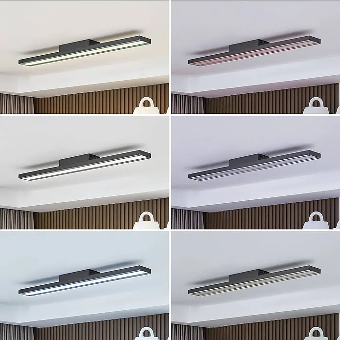 Lucande LED Deckenlampe in schwarz, dimmbar Deckenleuchte -  - Lineare schwarze LED-Deckenleuchte in einem Raum, die verschiedene Lichtfarben (weiß, rot, blau, warmweiß) zeigt.