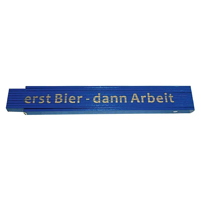 Zollstock - Aufdruck: Erst Bier - dann Arbeit, Länge: 2 m - Blaues Zollstock mit der Aufschrift "erst Bier - dann Arbeit" in goldener Schrift. Das Produkt ist ein praktisches Werkzeug mit humorvollem Spruch.