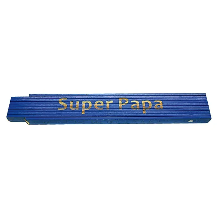 Zollstock - Aufdruck: Super Papa, Länge: 2 m - Ein blauer Zollstock mit der Aufschrift "Super Papa" in goldener Schrift.