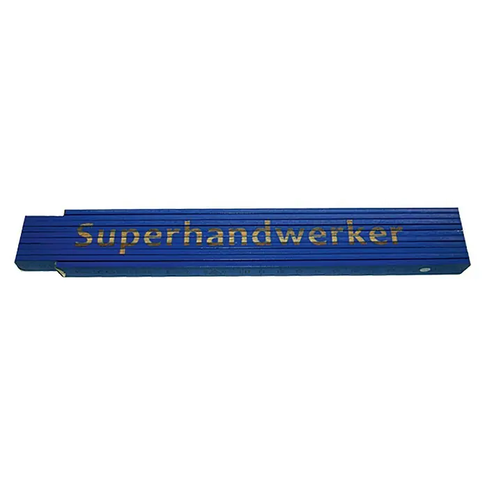 Zollstock - Aufdruck: Superhandwerker, Länge: 2 m - Das Bild zeigt ein blaues Gliedermaßstab mit goldener Aufschrift "Superhandwerker". Es ist ein praktisches Werkzeug für Handwerker und Heimwerker.