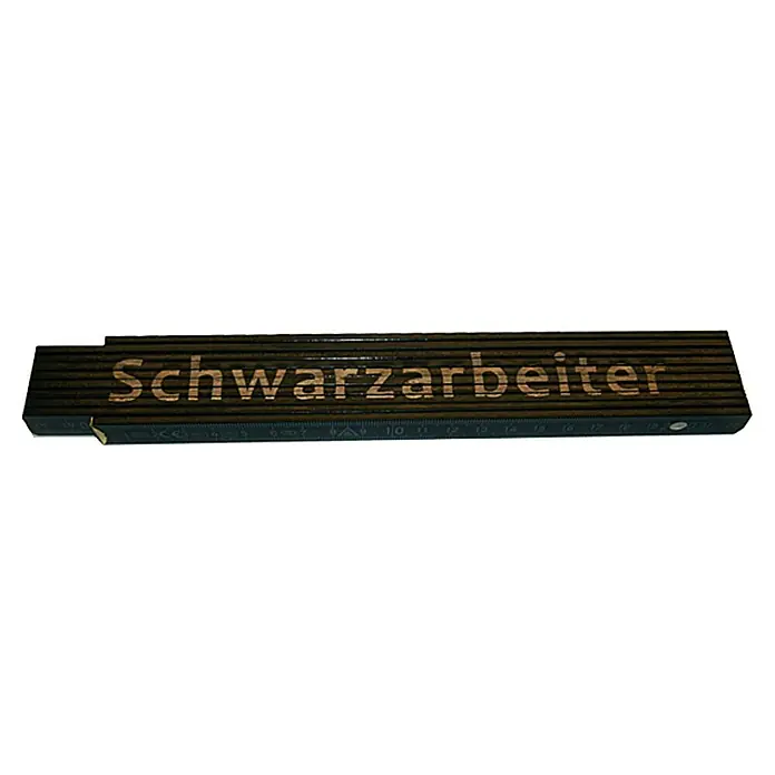 Zollstock - Aufdruck: Schwarzarbeiter, 2 m - Bild eines hölzernen Zollstocks mit der Aufschrift „Schwarzarbeiter“, der sich perfekt für Heimwerker und Profis eignet.