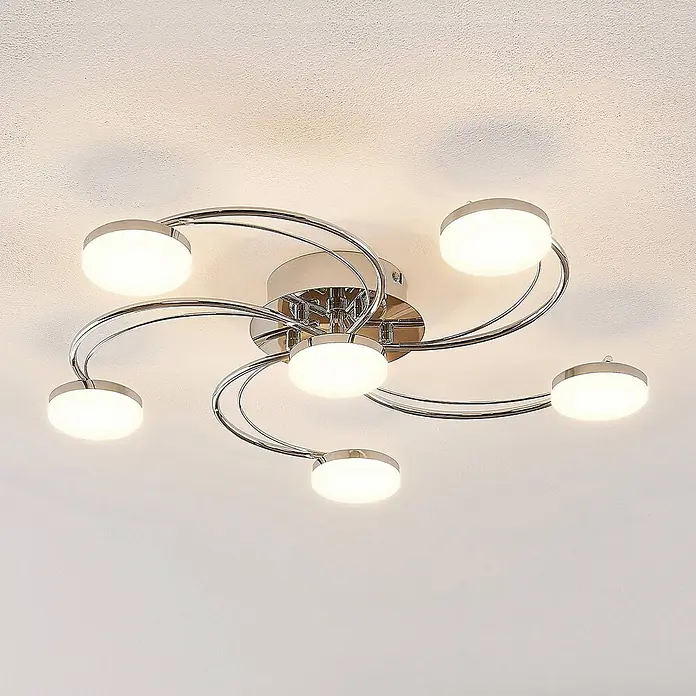 Lindby LED Deckenlampe in chrom, Deckenleuchte -  - Chromfarbene Deckenleuchte mit sechs runden, weißen LED-Spots in geschwungener Anordnung.
