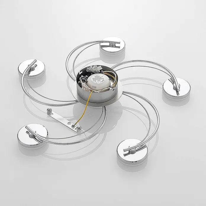 Lindby LED Deckenlampe in chrom, Deckenleuchte -  - Verchromte Deckenleuchte mit sechs spiralförmigen Armen, Verkabelung zur Installation sichtbar.