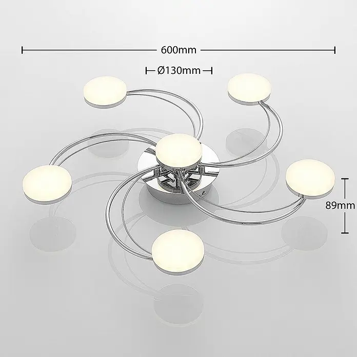 Lindby LED Deckenlampe in chrom, Deckenleuchte -  - Chrom-Deckenleuchte mit sechs geschwungenen Armen und runden LED-Lichtquellen.