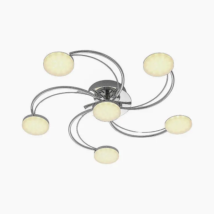 Lindby LED Deckenlampe in chrom, Deckenleuchte -  - Verchromte LED-Deckenleuchte mit sechs geschwungenen Armen und mattierten Scheibenleuchten.