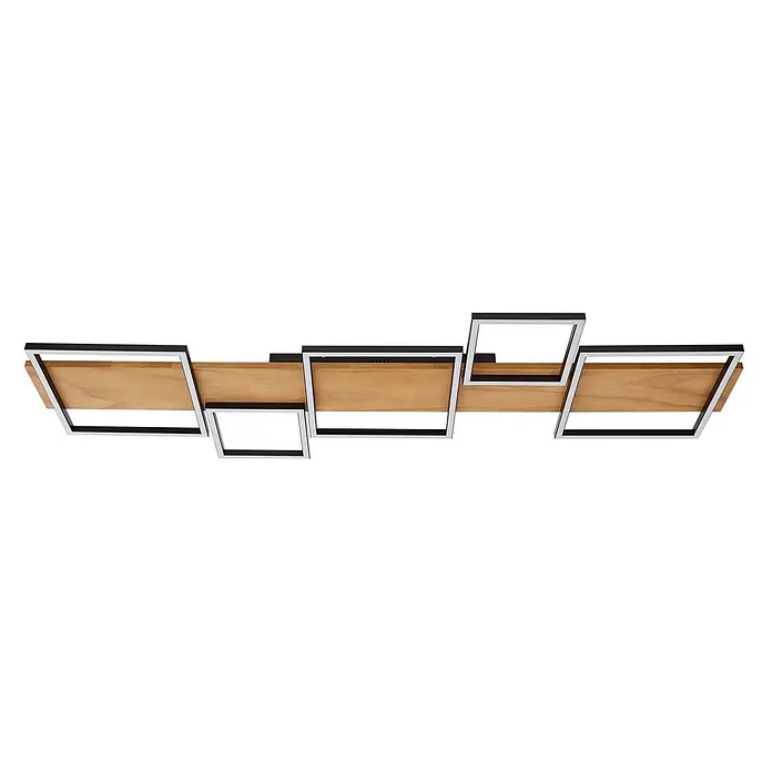 Lindby LED Deckenlampe in holz, weiß, Deckenleuchte -  - Moderne, lineare Deckenleuchte mit hellem Holzbalken und geometrischen schwarz-silbernen Rahmen, mit integriertem LED-Licht.