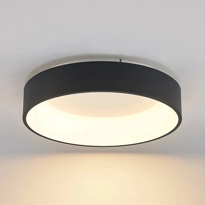 Arcchio LED Deckenlampe in schwarz, weiß, Deckenleuchte rund -  - Runde, dunkelgraue Stoff-Deckenleuchte mit weißem Diffusor, nach unten leuchtend.