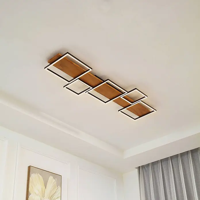 Lindby LED Deckenlampe in holz, weiß, Deckenleuchte -  - Moderne geometrische LED-Deckenleuchte mit braunen Holzplatten und schwarzen quadratischen Rahmen.
