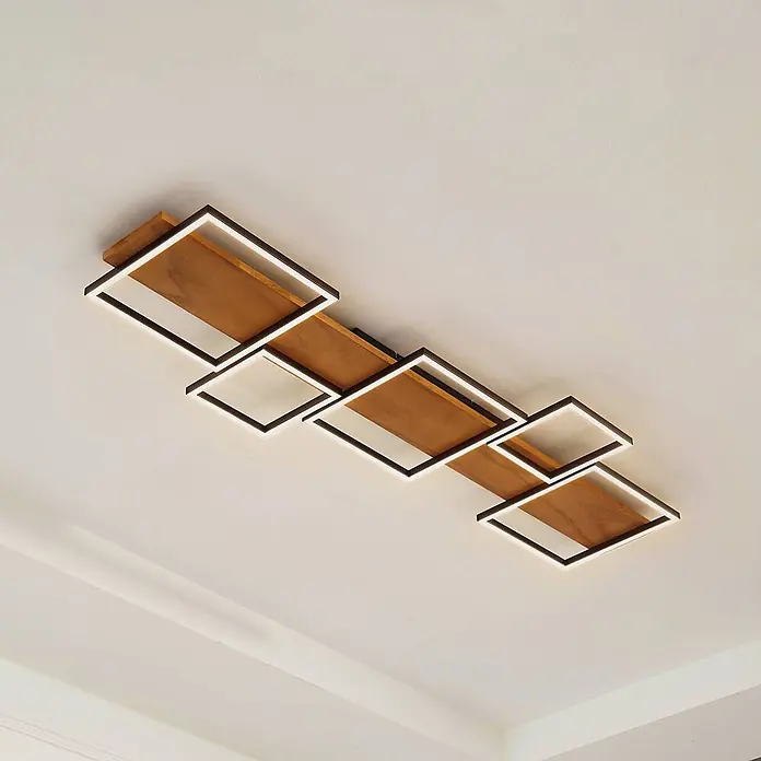 Lindby LED Deckenlampe in holz, weiß, Deckenleuchte -  - Moderne Deckenleuchte mit Holzoptik-Basis und dunklen rechteckigen LED-Rahmen in versetzter Anordnung.