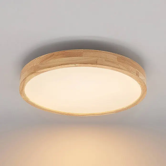 Lindby LED Deckenlampe Holz Ø50 cm, mit Fernbedienung, dimmbar, 29W LED -  - Runde Deckenleuchte mit hellem Holzrahmen und weißem, beleuchtetem Diffusor.
