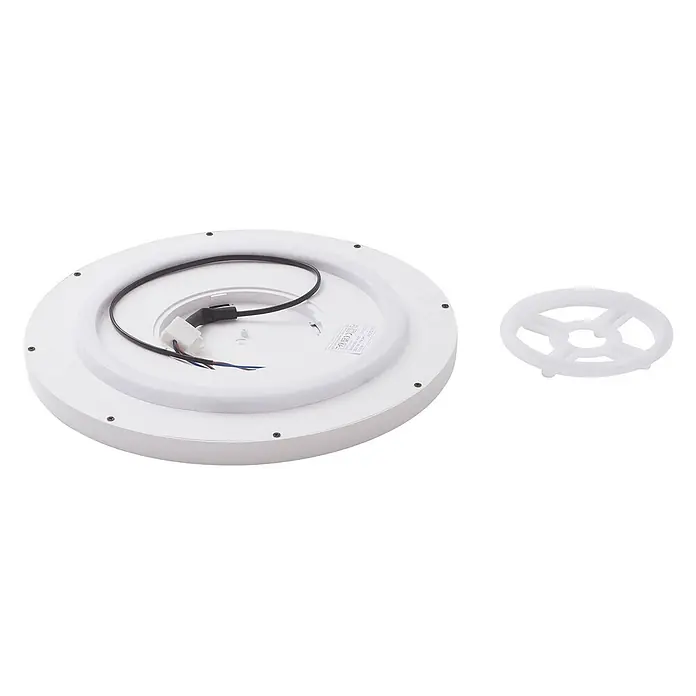 Lindby LED Deckenlampe Smart Home in weiß, dimmbar Deckenleuchte rund -  - Rückseite einer weißen runden LED-Deckenleuchte mit Verkabelung, daneben ein weißer Kunststoff-Montagering.