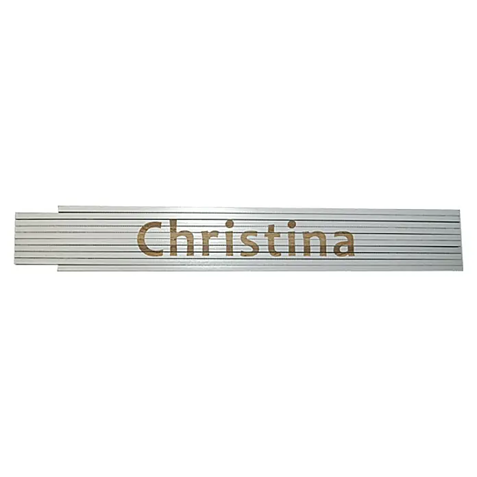 Zollstock - Aufdruck: Christina, 2 m - Das Bild zeigt ein Namensschild mit dem Namen "Christina" auf einem silberfarbenen, horizontal gerippten Hintergrund. Ein individuelles Accessoire für eine persönliche Note.