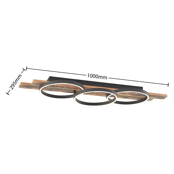 Lindby LED Deckenlampe in holz, dimmbar Deckenleuchte rund -  - Moderne schwarze Deckenleuchte mit Holzakzenten und drei LED-Ringen, 1000mm lang.