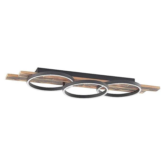 Lindby LED Deckenlampe in holz, dimmbar Deckenleuchte rund -  - Moderne schwarze Deckenleuchte mit Holzakzenten und drei runden LED-Ringen.