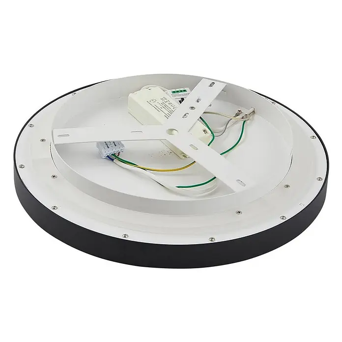 Lucande LED Deckenlampe in schwarz, up down Deckenleuchte rund -  - Unterseite einer schwarz-weißen runden LED-Deckenleuchte mit sichtbarer Innenverkabelung, Treiber und Montagehalterung.