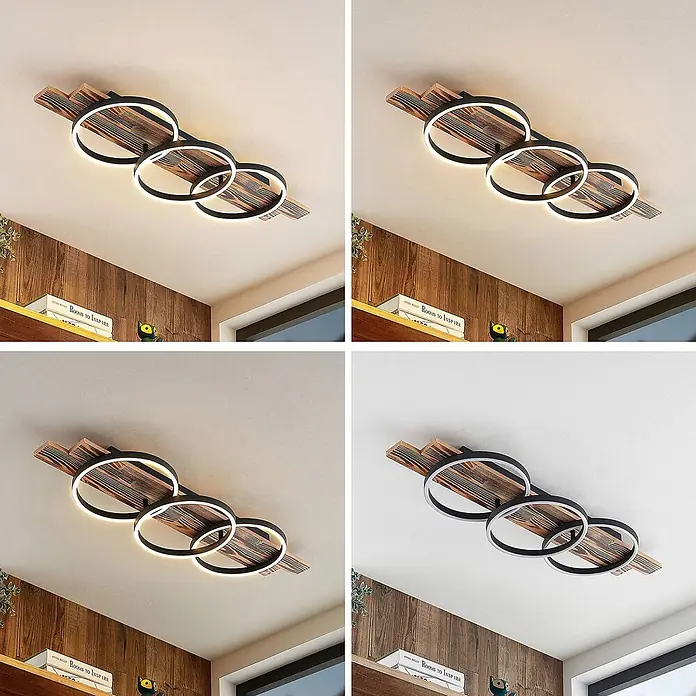 Lindby LED Deckenlampe in holz, dimmbar Deckenleuchte rund -  - Deckenleuchte mit Holzsockel und drei schwarzen runden LED-Ringen, mit verschiedenen Lichttemperaturen.