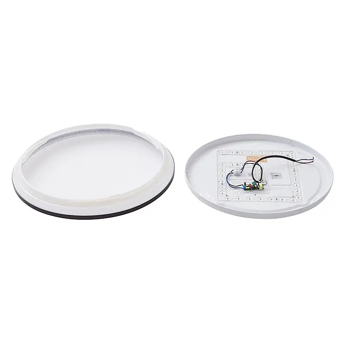 Lindby LED Deckenlampe in schwarz, Deckenleuchte rund -  - Demontierte runde LED-Deckenleuchte mit weißem Diffusor und weißer Basis mit LED-Platine und Treiber.