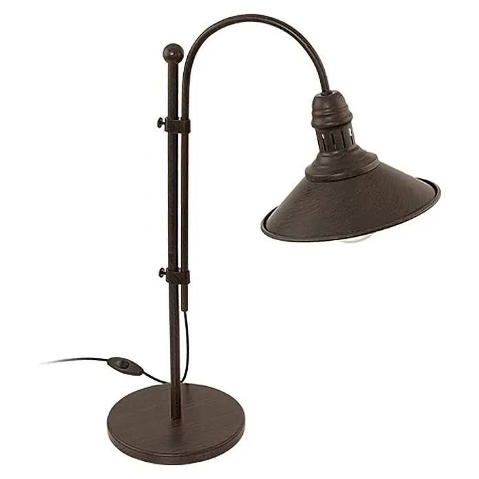 Eglo Stockbury Lámpara de sobremesa - 60 W, L x An x Al: 41 x 21 x 55,5 cm, Marrón antiguo, E27 - Primer plano de una lámpara de escritorio marrón rústica con brazo ajustable y pantalla cónica.
