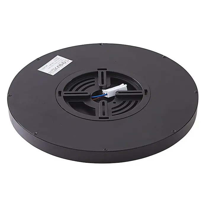 Lindby LED Deckenlampe Smart Home in schwarz matt, weiß, dimmbar -  - Rückansicht einer schwarzen runden LED-Deckenleuchte mit elektrischem Anschluss, Montageöffnungen und Produktetikett.