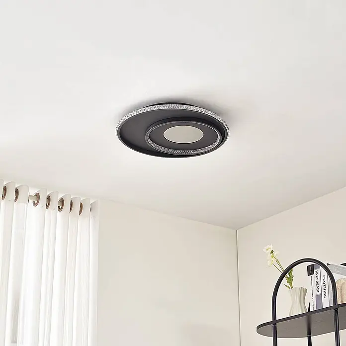 Lindby Deckenleuchte Inessa - schwarz - Dunkelgraue spiralförmige LED-Deckenleuchte mit Kristalleffekt-Akzenten.