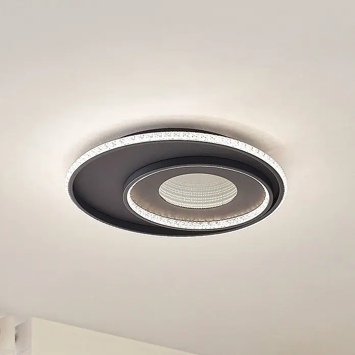 Lindby Deckenleuchte Inessa - schwarz - Moderne dunkelgrau/schwarze spiralförmige LED-Deckenleuchte mit Kristall-Akzenten und strukturierter Innenlampe.