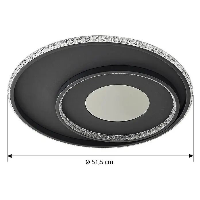 Lindby Deckenleuchte Inessa - schwarz - Schwarze Deckenlampe mit zwei kristallbesetzten Ovalringen und verspiegeltem Zentrum, Ø 51,5 cm.