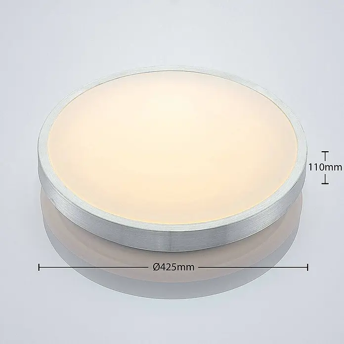 Lindby LED Deckenlampe in aluminium, weiß, Deckenleuchte rund -  - Runde LED-Deckenleuchte mit gebürstetem Aluminiumrahmen, Ø425mm und 110mm hoch.