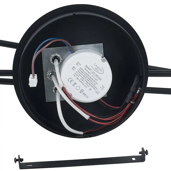 Lindby Deckenleuchte Manel - schwarz, schwarz - Innenansicht einer schwarzen LED-Leuchte mit weißem SMART LED DRIVER, Verkabelung und einer Metallhalterung.