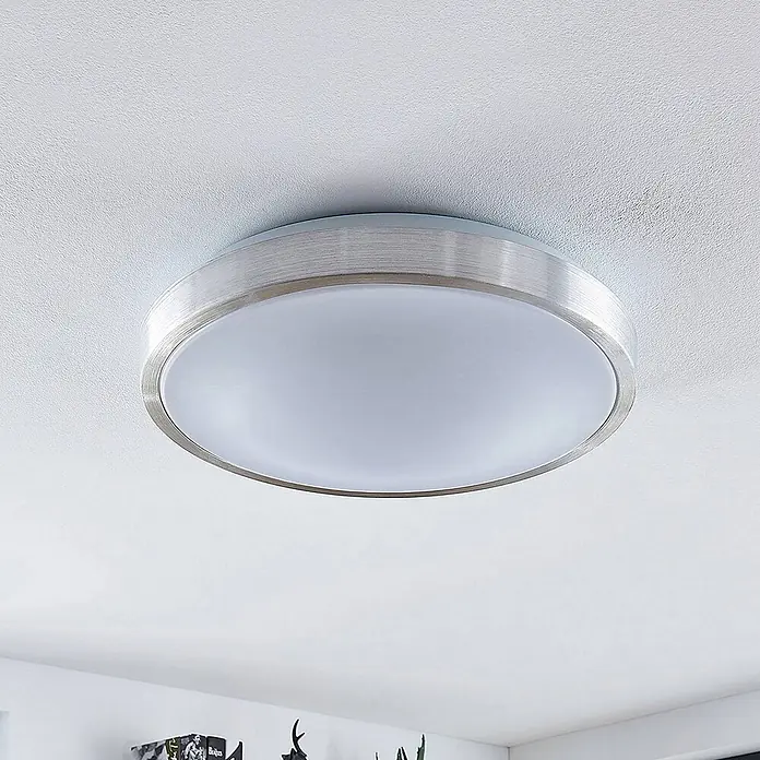 Lindby LED Deckenlampe in aluminium, weiß, Deckenleuchte rund -  - Runde Deckenleuchte mit gebürstetem silberfarbenem Metallrahmen und mattweißem Diffusor.