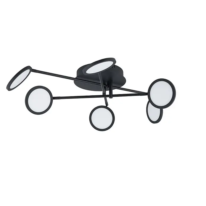 Lindby Deckenleuchte Manel - schwarz, schwarz - Moderne schwarze Deckenleuchte mit mehreren verstellbaren Armen und runden weißen LED-Leuchten.