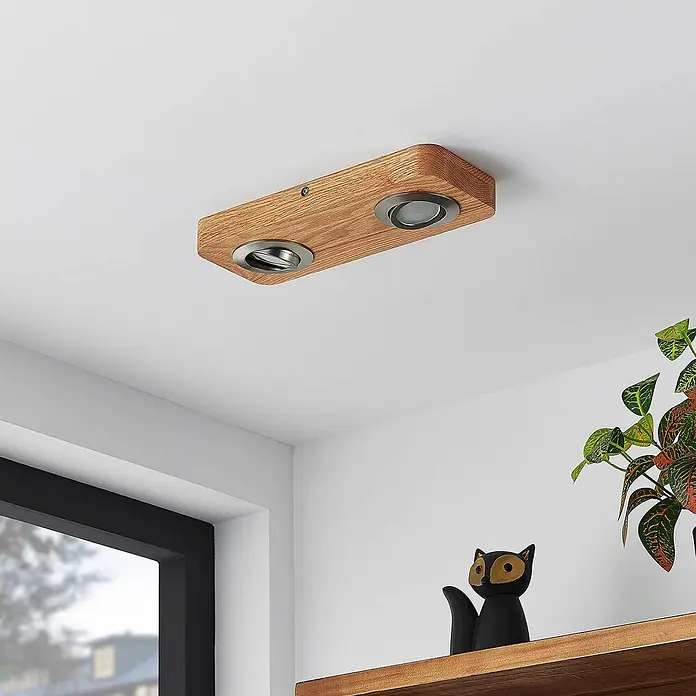 Lindby LED Deckenlampe in holz, nickel satiniert, Deckenleuchte -  - Deckenstrahler aus Holz mit zwei schwenkbaren Metallleuchten.