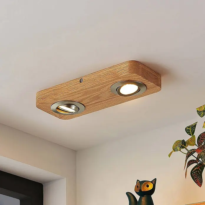 Lindby LED Deckenlampe in holz, nickel satiniert, Deckenleuchte -  - Holzdeckenleuchte mit zwei verstellbaren, gebürsteten Metallstrahlern.