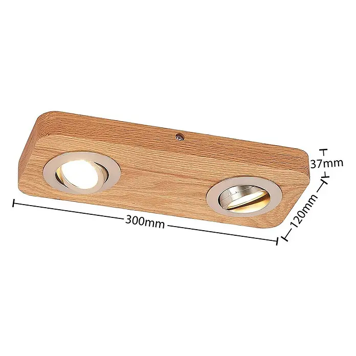 Lindby LED Deckenlampe in holz, nickel satiniert, Deckenleuchte -  - Eichenholz-Spotlight-Leiste mit zwei verstellbaren Leuchten aus gebürstetem Metall. 300x120x37mm.