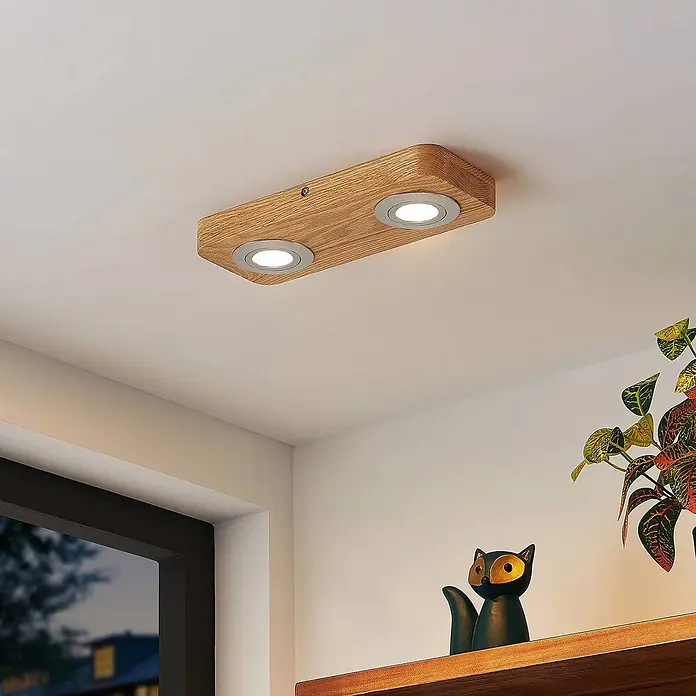 Lindby LED Deckenlampe in holz, nickel satiniert, Deckenleuchte -  - Deckenleuchte aus Holz mit zwei silbernen Strahlern, bündig an einer Decke montiert, spendet Licht.
