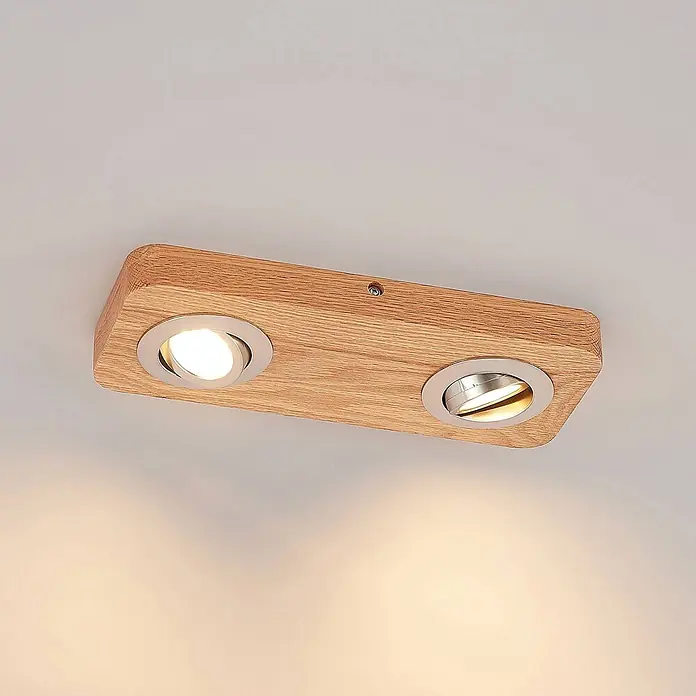 Lindby LED Deckenlampe in holz, nickel satiniert, Deckenleuchte -  - Rechteckige Deckenleuchte aus Holz mit zwei verstellbaren nickelmatten Strahlern.