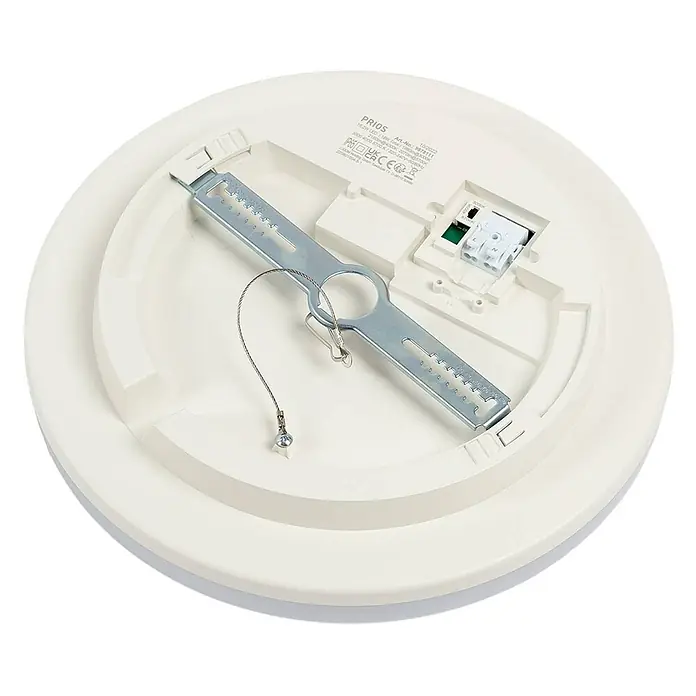 PRIOS LED Deckenlampe in weiß, Deckenleuchte rund -  - Rückansicht einer weißen runden LED-Deckenleuchte mit Metall-Montagebügel, Anschlussklemme und Sicherungsseil.