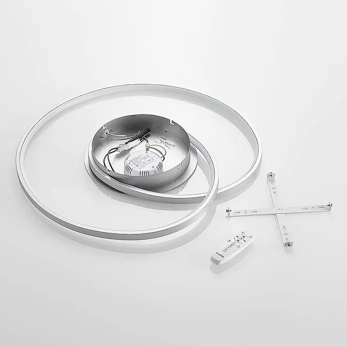 Lucande LED Deckenlampe in silber, dimmbar Deckenleuchte rund -  - Silberne LED-Deckenleuchte mit zwei konzentrischen Ringen, Fernbedienung und Montagezubehör, bereit zur Installation.
