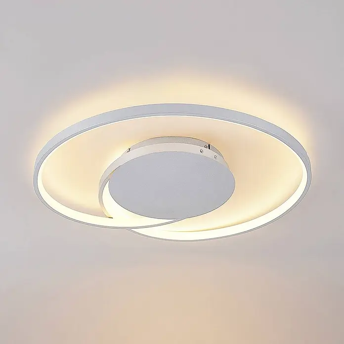Lucande LED Deckenlampe in silber, dimmbar Deckenleuchte rund -  - Moderne silberne LED-Deckenleuchte mit beleuchtetem, überlappendem Spiraldesign, das warmes Licht abgibt.