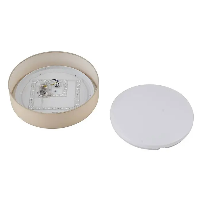Lindby LED Deckenlampe in beige, Deckenleuchte -  - Zerlegte runde LED-Deckenleuchte, zeigt die beige Stoffbasis mit LED-Array und einen separaten weißen Diffusor.