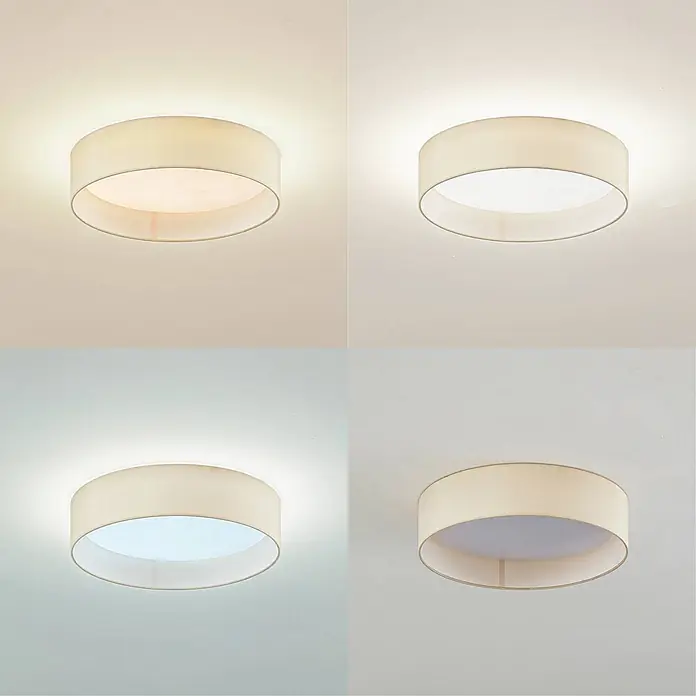 Lindby LED Deckenlampe in beige, Deckenleuchte -  - Runde Deckenleuchte mit beigem Stoffschirm, zeigt warme, kühle und ausgeschaltete Lichteinstellungen.