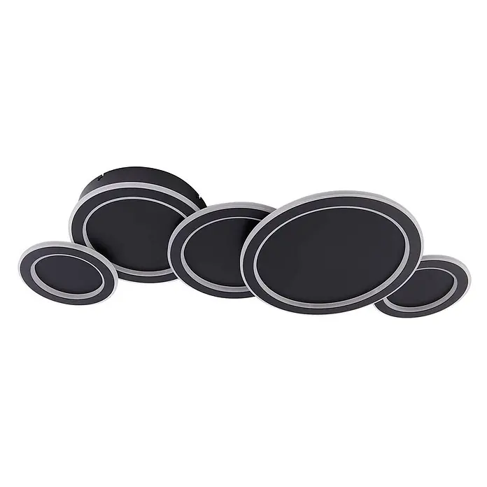 Lucande Deckenlampe in schwarz, Deckenleuchte -  - Fünf überlappende dunkelgraue, silberumrandete runde LED-Leuchten.