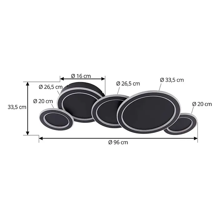 Lucande Deckenlampe in schwarz, Deckenleuchte -  - Moderne LED-Deckenleuchte mit mehreren dunkelgrauen/silbernen runden Paneelen. Gesamtmaße: 96 cm Länge, 33,5 cm Höhe.