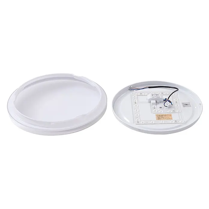 Lindby LED Deckenlampe in chrom, weiß, Deckenleuchte rund -  - Weiße runde LED-Deckenleuchte, zerlegt mit Diffusor und Basis, die LED-Modul und Verkabelung zeigt.