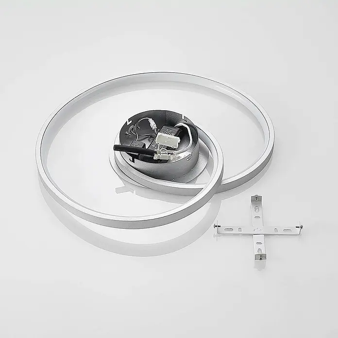 Lucande LED Deckenlampe in silber, Deckenleuchte rund -  - Demontierte silberne LED-Deckenleuchte mit zwei ineinander verschlungenen Ringen, Innenverkabelung und Montagehalterung.